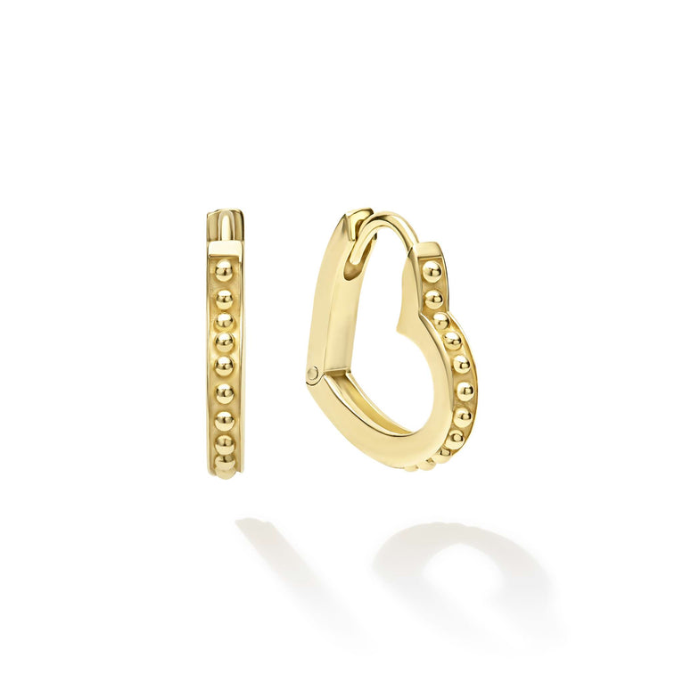 Caviar Gold Heart Huggie Hoop Earrings in 18K Yellow Gold