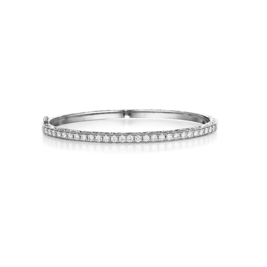 Diamond Pave Engraved Bangle in 18K White Gold
