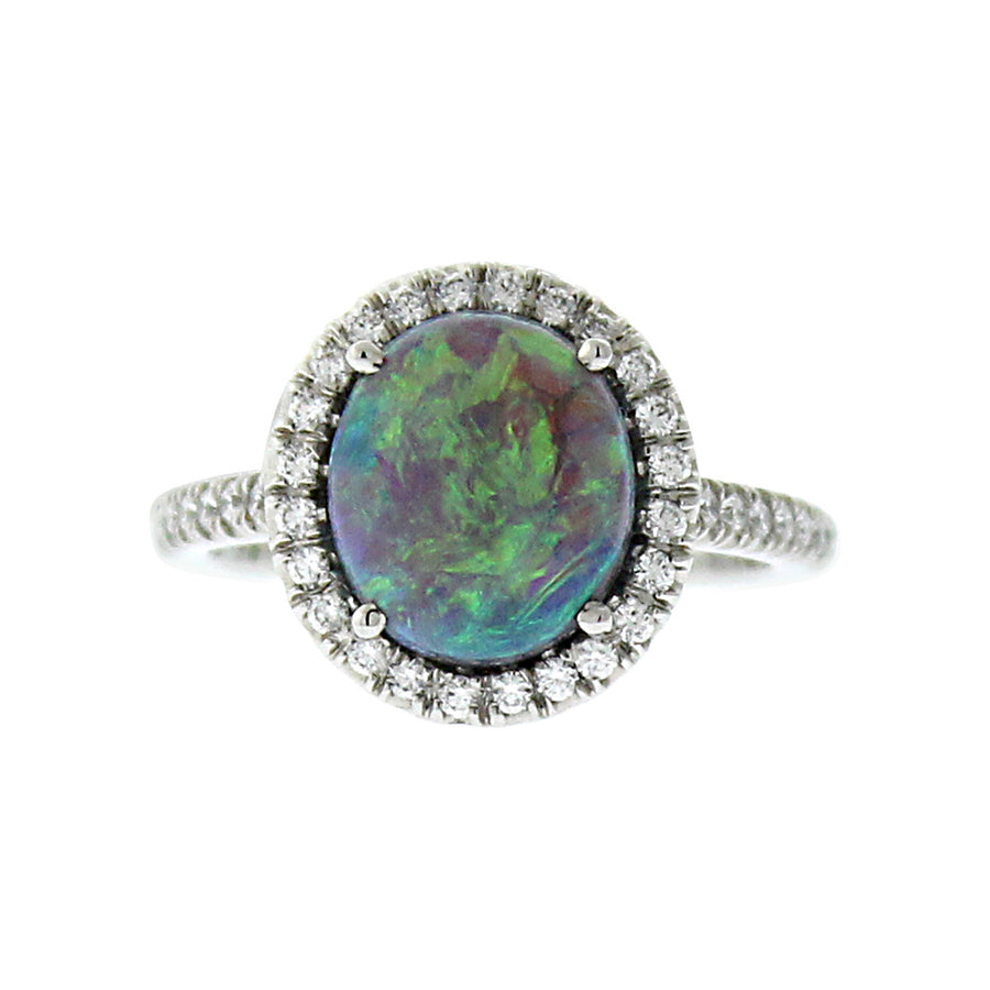 Platinum Black Opal and Diamond Halo Ring