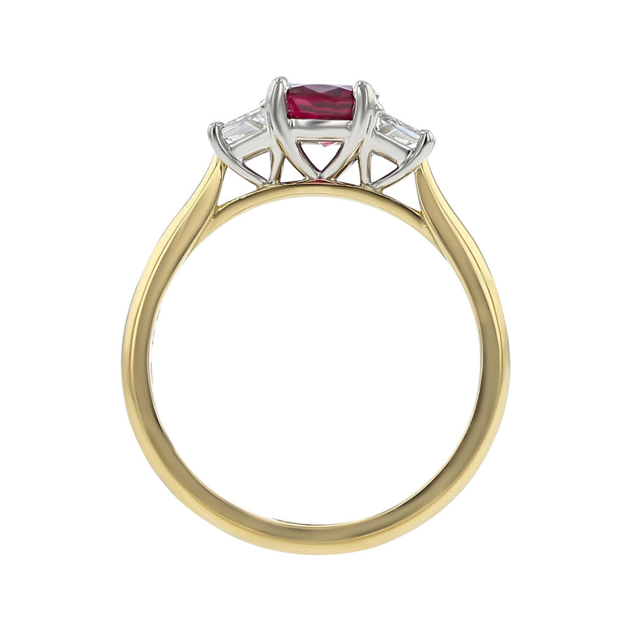 Mozambique Ruby and Trapezoid Diamond 3-Stone Ring