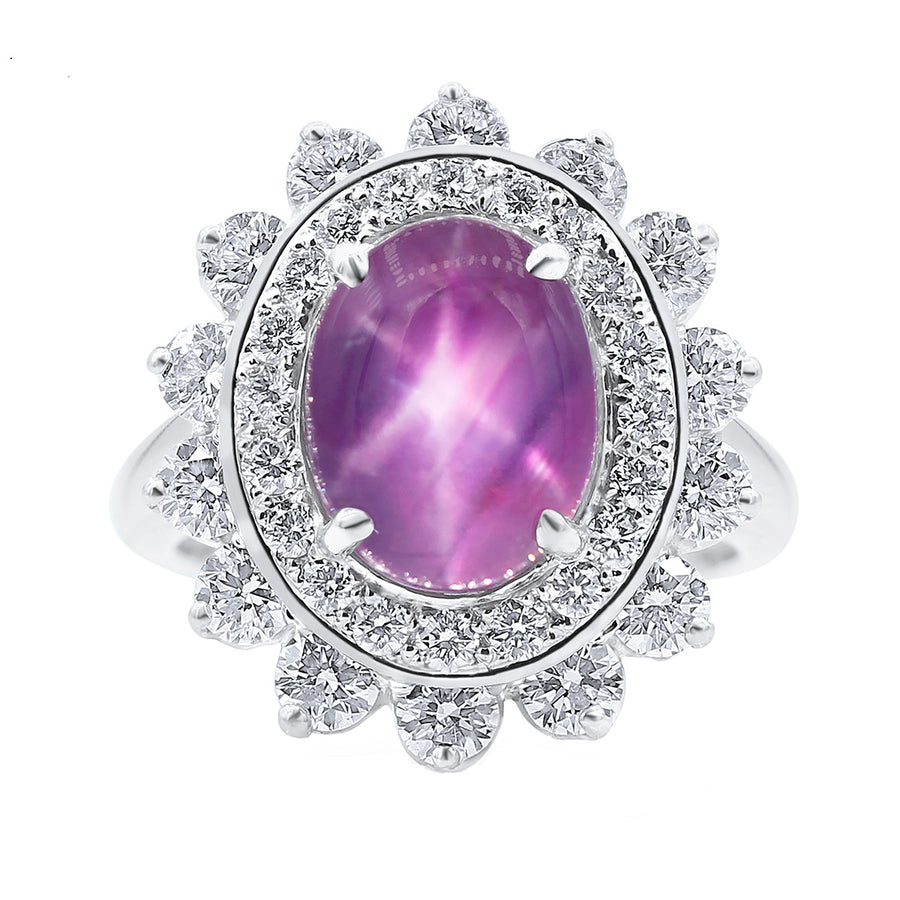 Sri Lankan Star Ruby and Diamond Double Halo Ring