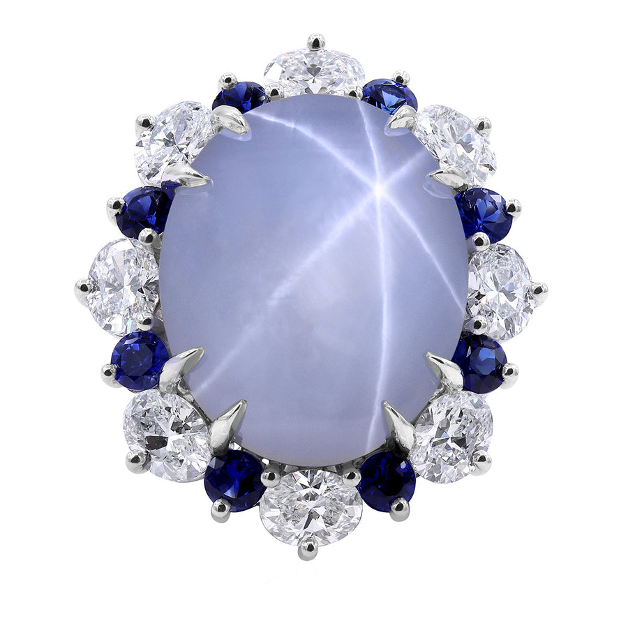 Blue Star Sapphire and Diamond Halo Ring