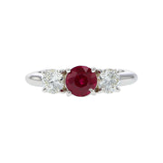 18K White Gold Burmese Ruby and Diamond 3-Stone Ring