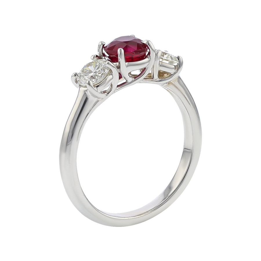 18K White Gold Burmese Ruby and Diamond 3-Stone Ring