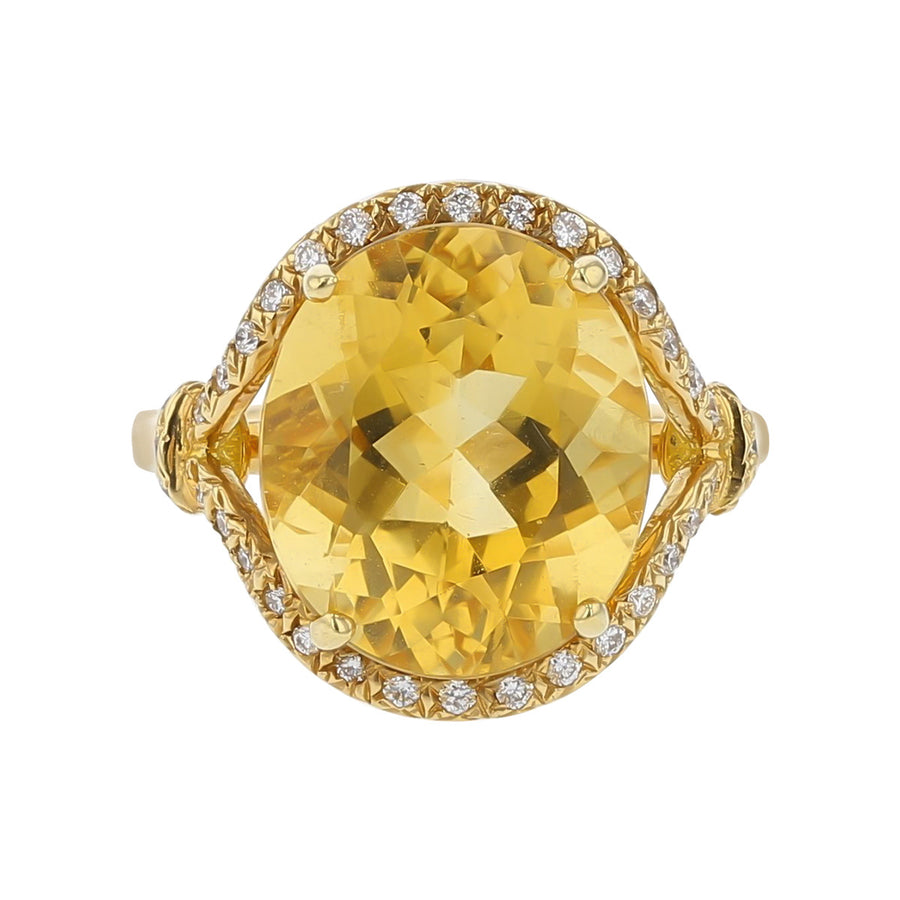 18K Yellow Gold Yellow Citrine and Diamond Halo Ring