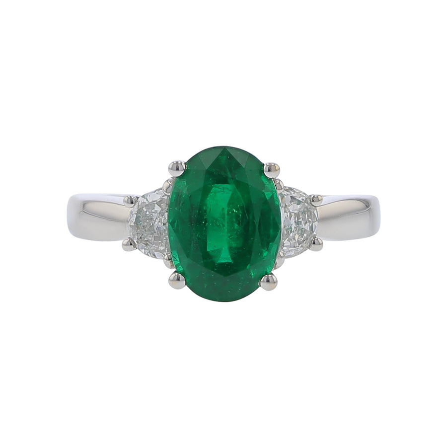 18K White Gold Emerald and Diamond 3-Stone Ring