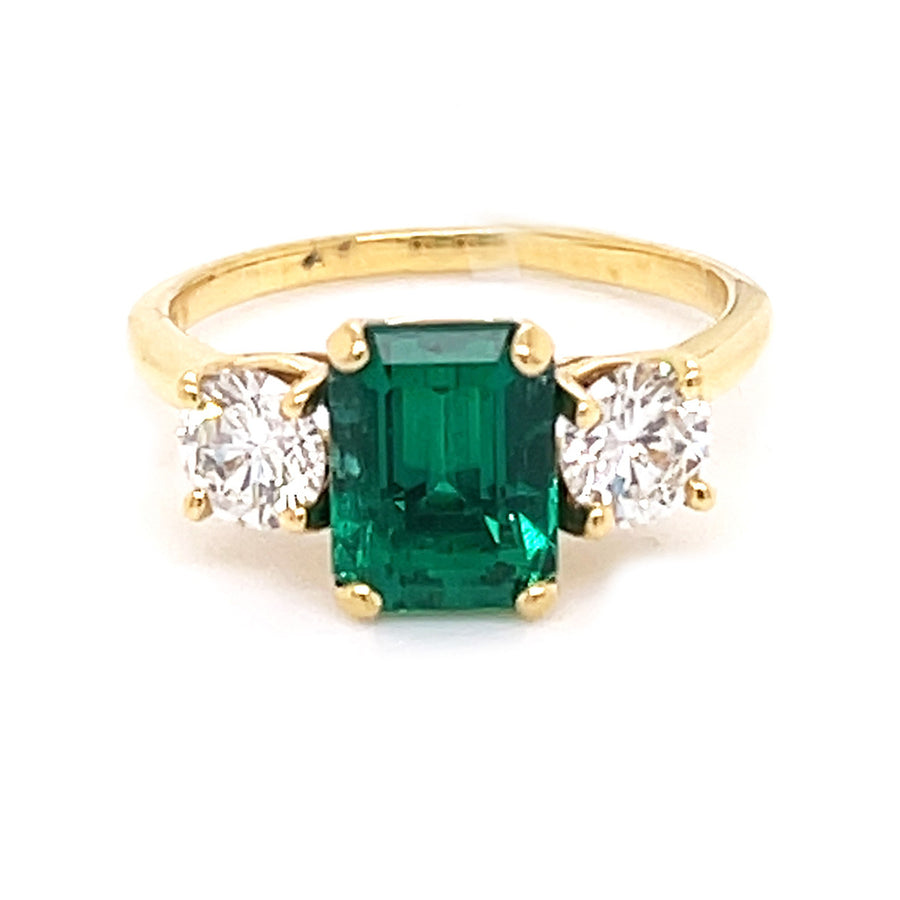 Emerald-cut Emerald and Diamond 3-Stone Ring