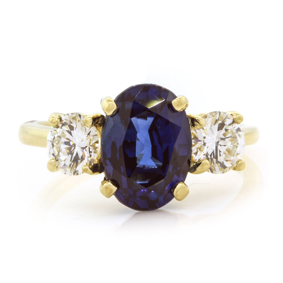 18K Yellow Gold Sapphire Diamond Three Stone Ring