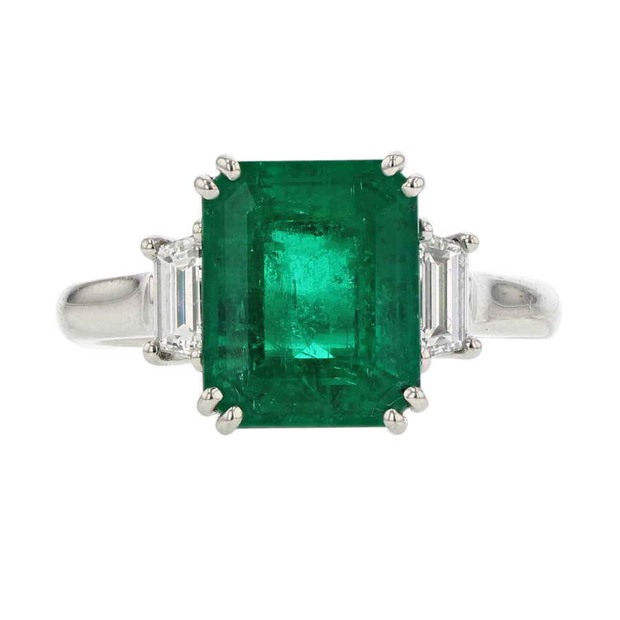 Platinum Emerald-Cut Emerald Diamond Three Stone Ring