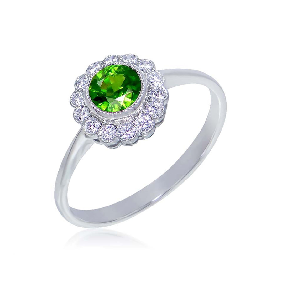 Bezel-Set Emerald Ring with Scalloped Diamond Halo