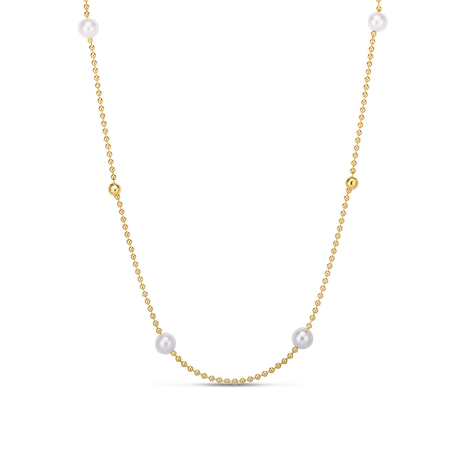 18K Yellow Gold 4 Station Pearl and Bead Necklace