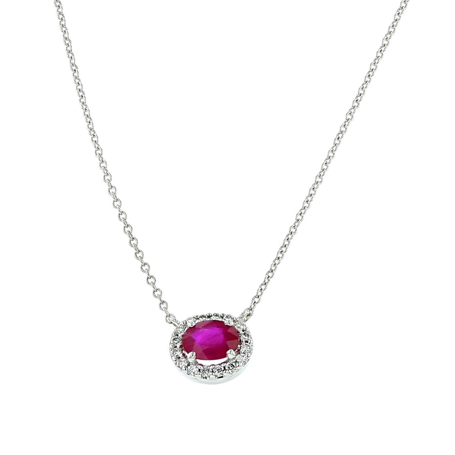 Oval Ruby and Diamond Halo Pendant Necklace