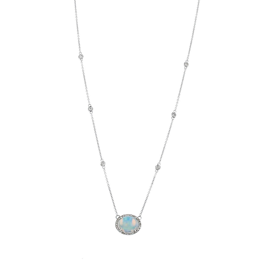 14K White Gold Opal and Diamond Halo Necklace