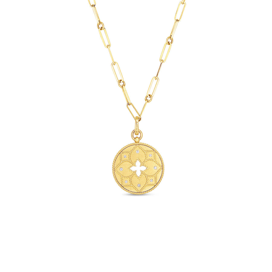 18K Venetian Princess Satin Medallion with Flower Cutout Diamond Accent on Chain