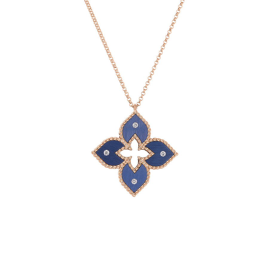 18K Rose Gold Small Blue Titanium and Diamond Flower Necklace