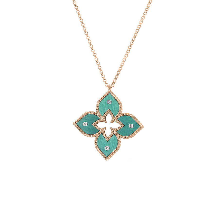18K Rose Gold Small Green Titanium and Diamond Flower Necklace