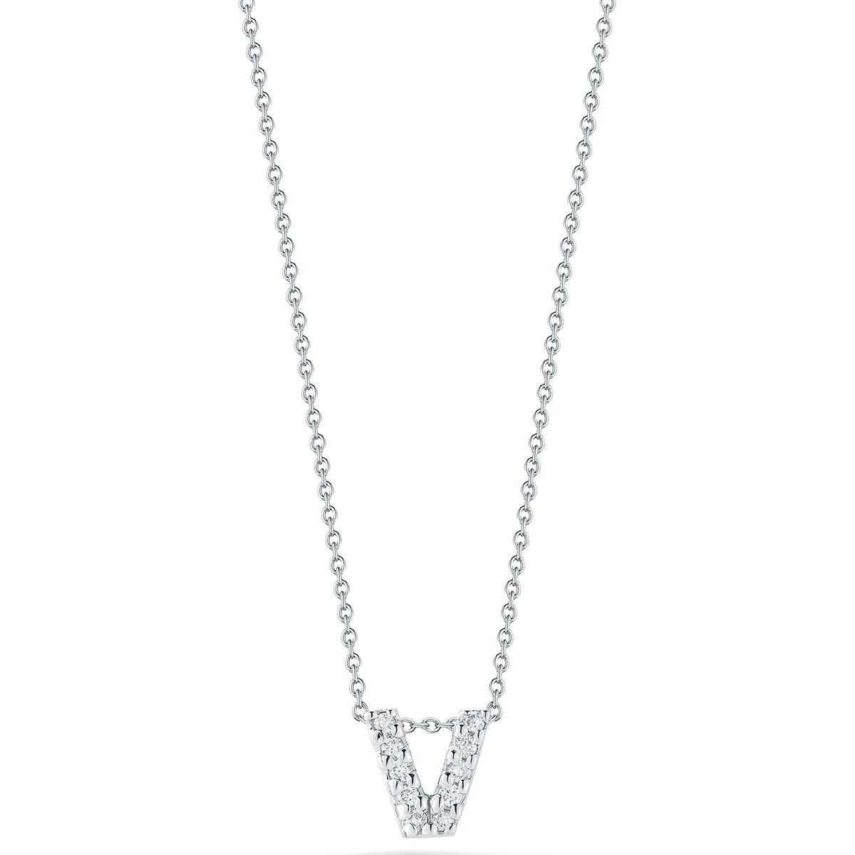 Tiny Treasures Diamond Love Letter "V" Pendant in 18K White Gold, 17in