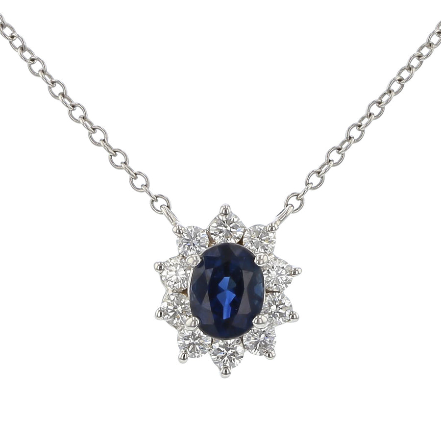 Sapphire and Diamond Halo Pendant Necklace