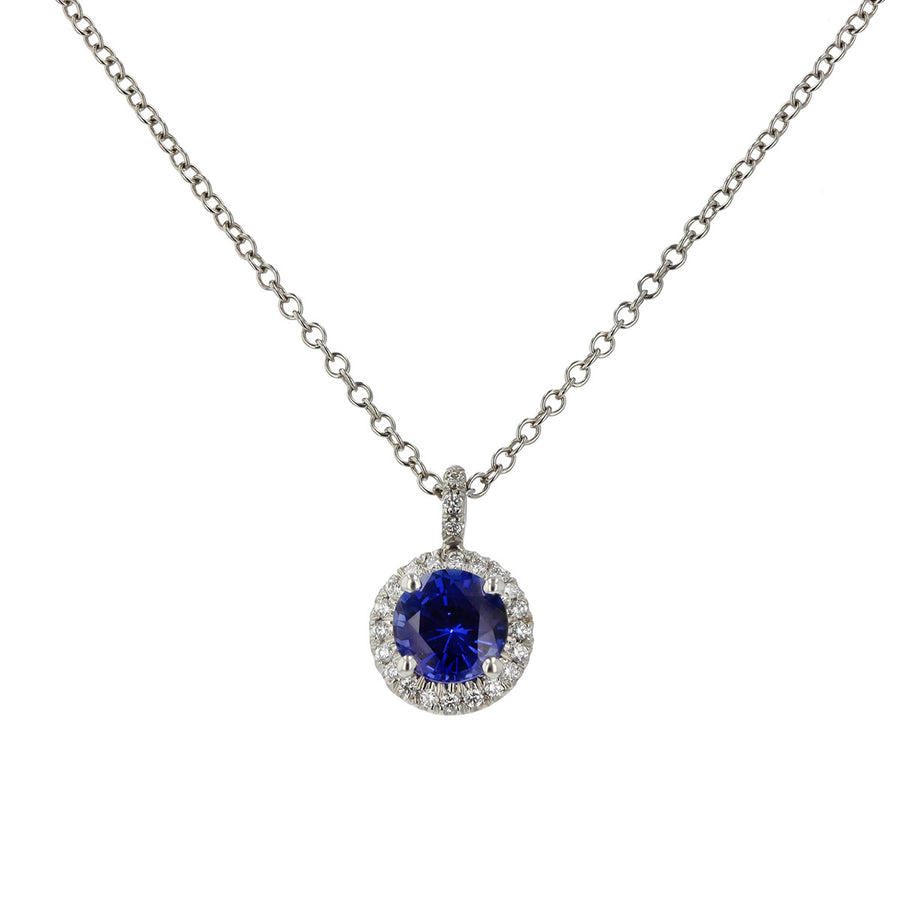 Sapphire and Diamond Halo Pendant Necklace