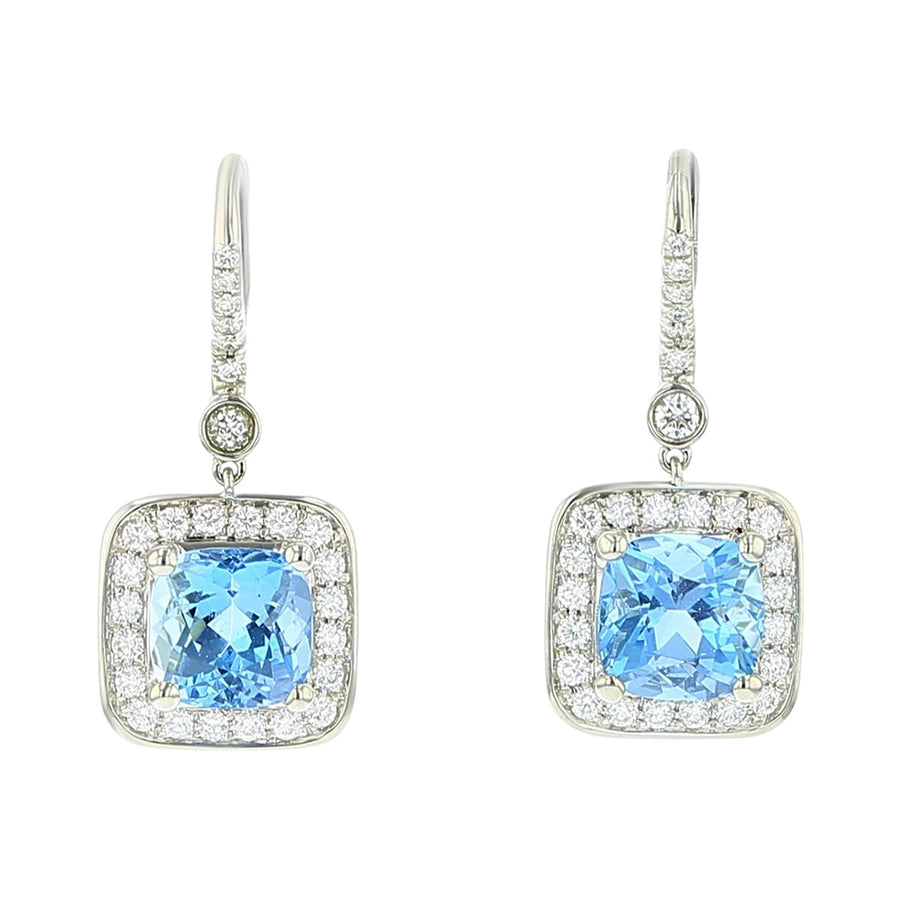 18K Gold Cushion Aquamarine and Diamond Earrings