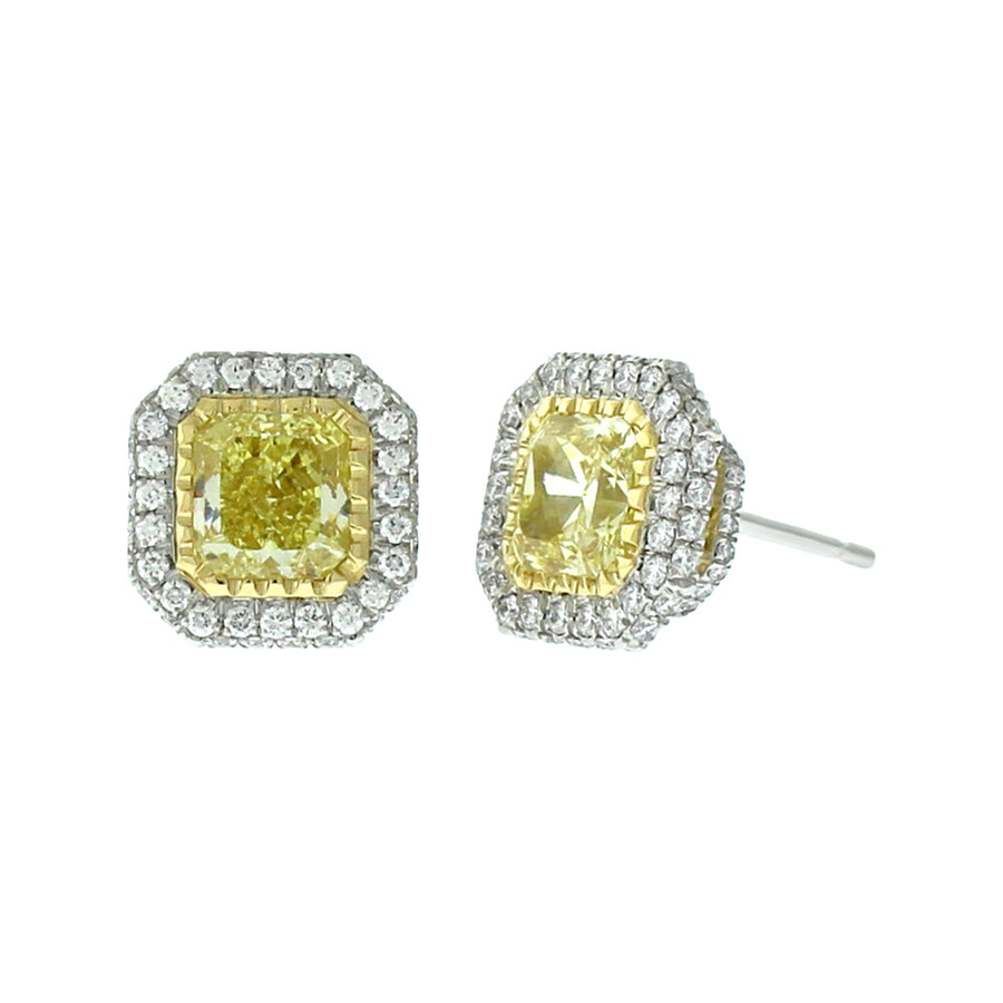 Fancy Intense Yellow Radiant-cut Diamond and Halo Stud Earrings