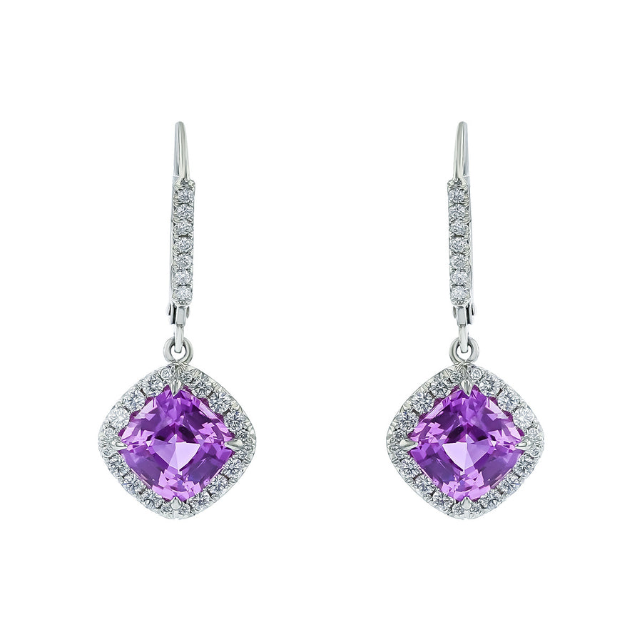 Platinum Purple Sapphire and Diamond Drop Earrings in Platinum, 7mm