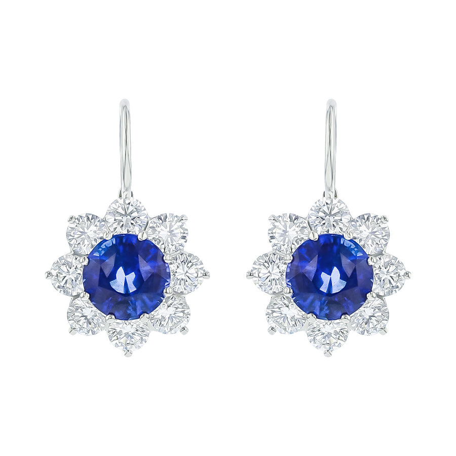 Sri Lankan Sapphire and Diamond Halo Drop Earrings in Platinum, 8.4mm