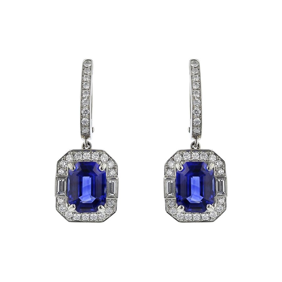Emerald-cut Sapphire and Diamond Halo Drop Earrings Schiffman's