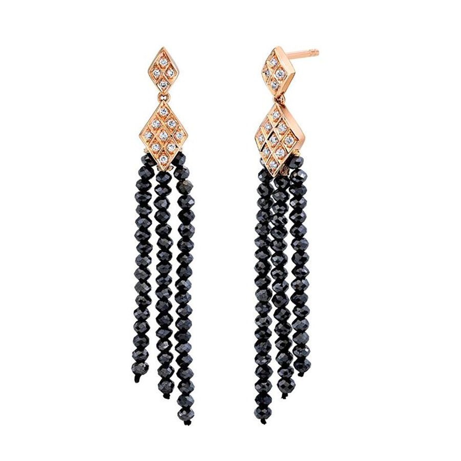 Black Diamond Bead and Diamond Tassel Earrings