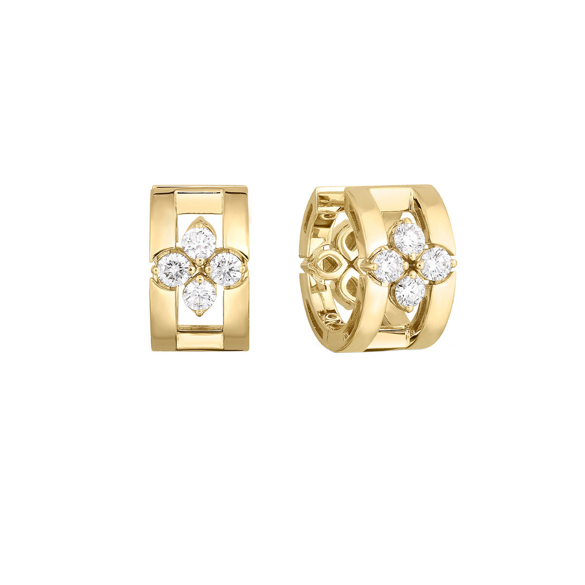 A pair of 18K yellow gold diamond open frame hoop earrings with multiple diamond insets.
