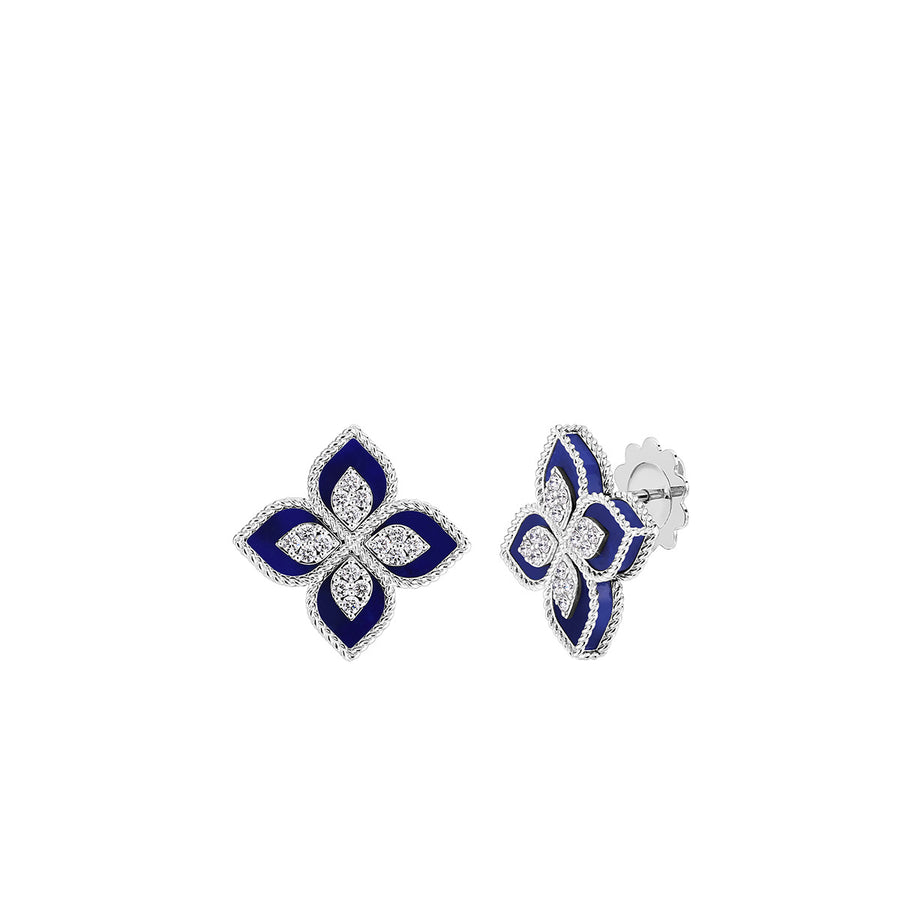 18K White Gold Blue Lapis and Diamond Flower Earrings