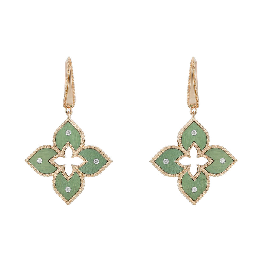 18K Rose Gold Small Green Titanium and Diamond Flower Dangle Earrings