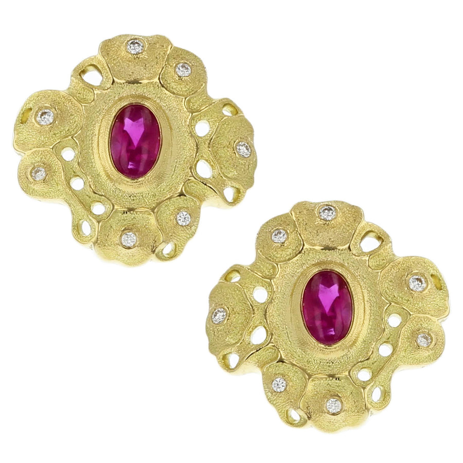 Gold Buff Top Ruby Rosette Earrings