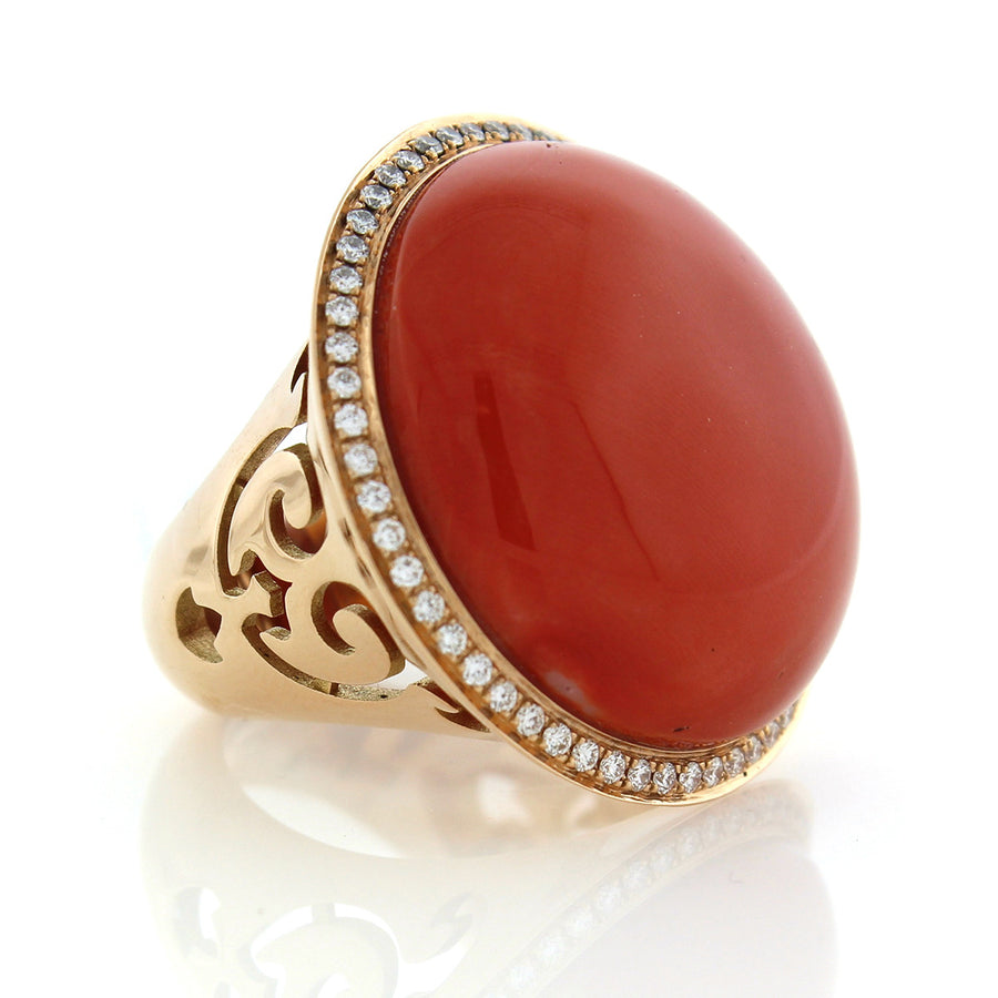 18K Rose Gold Domed Coral and Diamond Halo Ring