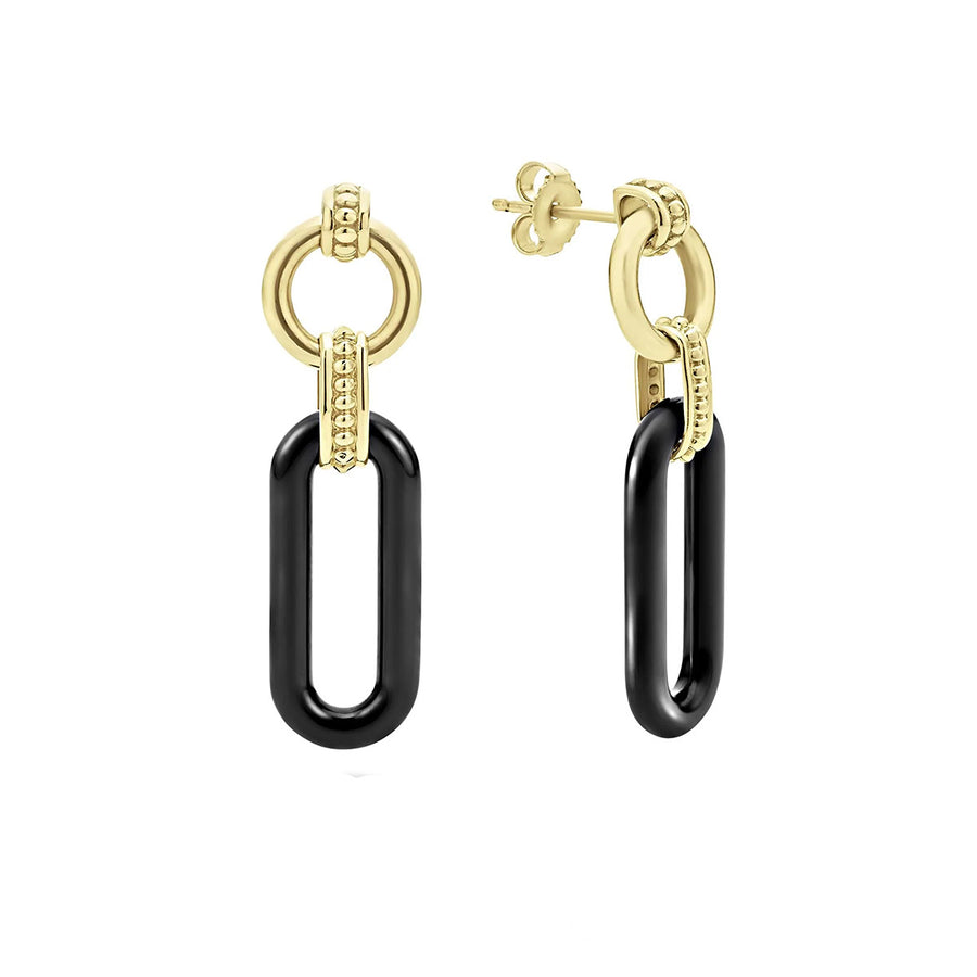 18K Gold and Black Ceramic Link Drop Earrings