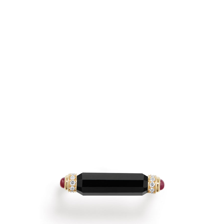 Barrels Ring with Black Onyx, Rubies and Diamonds in 18K Gold