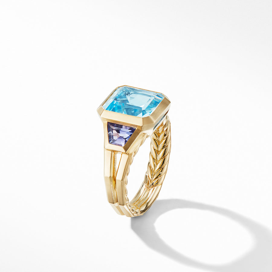 Novella Three Stone Ring in 18K Yellow Gold with Blue Topaz and Tanzanite