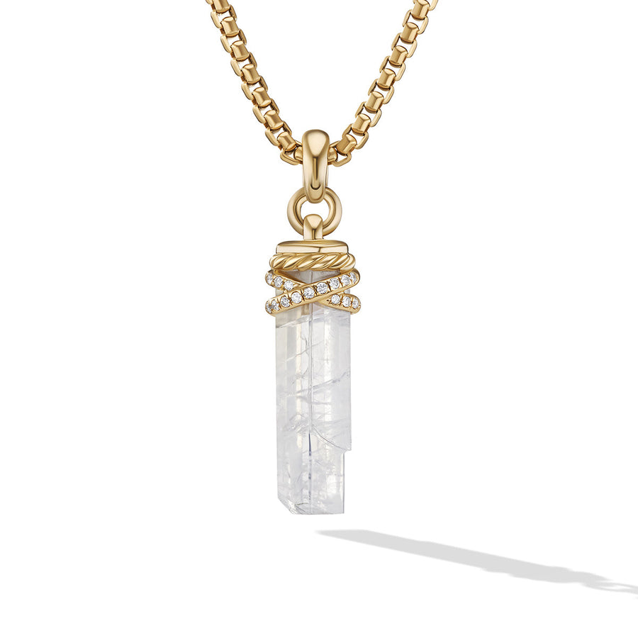 Wrapped Rainbow Moonstone Crystal Amulet with 18K Yellow Gold and Pave Diamonds