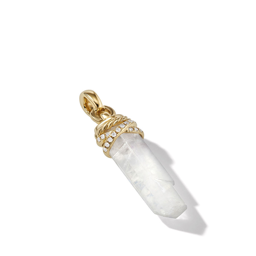 Wrapped Rainbow Moonstone Crystal Amulet with 18K Yellow Gold and Pave Diamonds