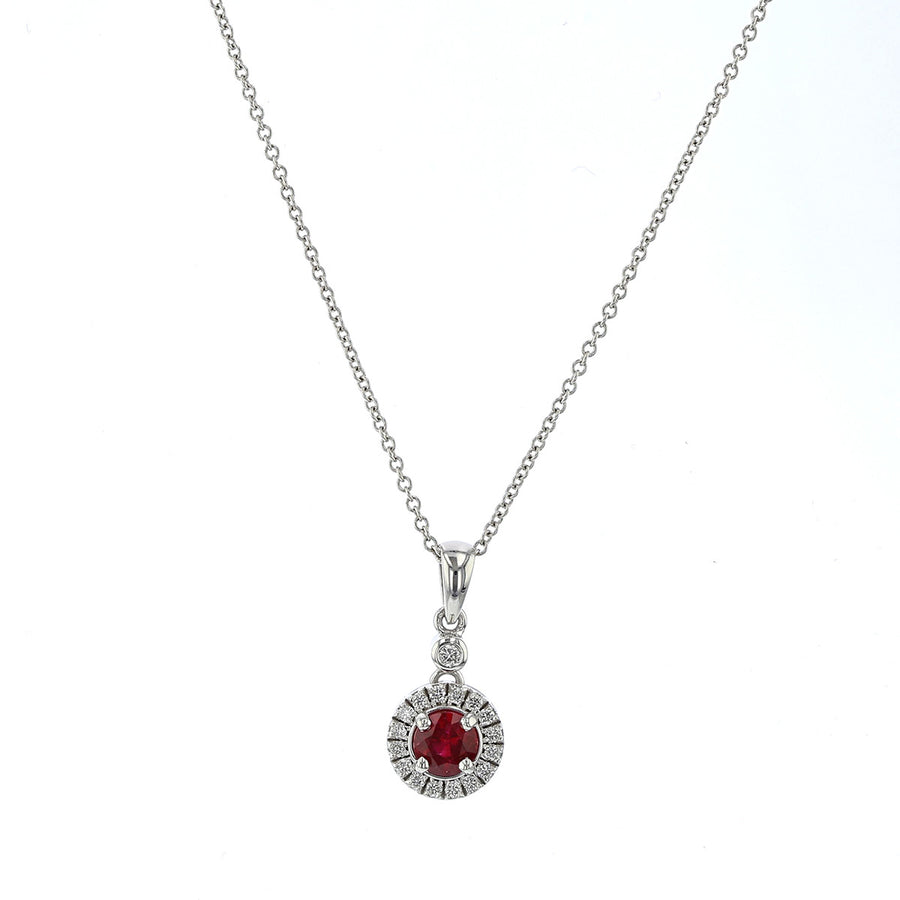 Ruby and Diamond Halo Pendant Necklace in 14K White Gold, 18in