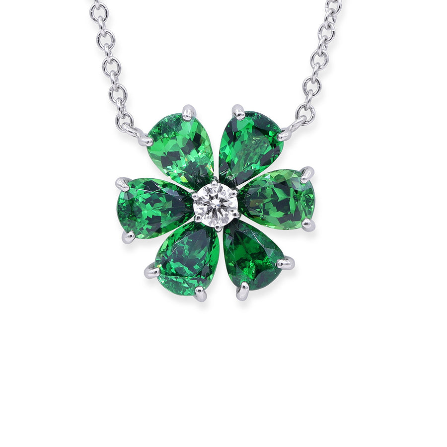 Platinum Tsavorite and Diamond Flower Pendant Necklace