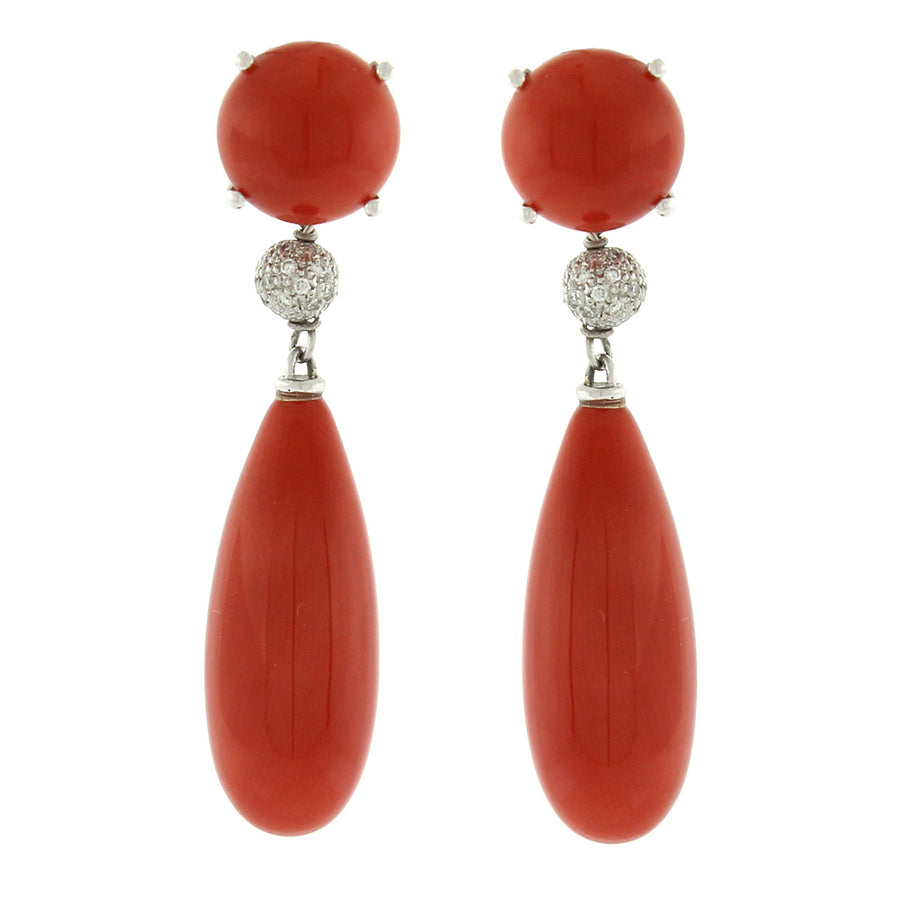 Cabochon Coral and Diamond Pave Drop Earrings