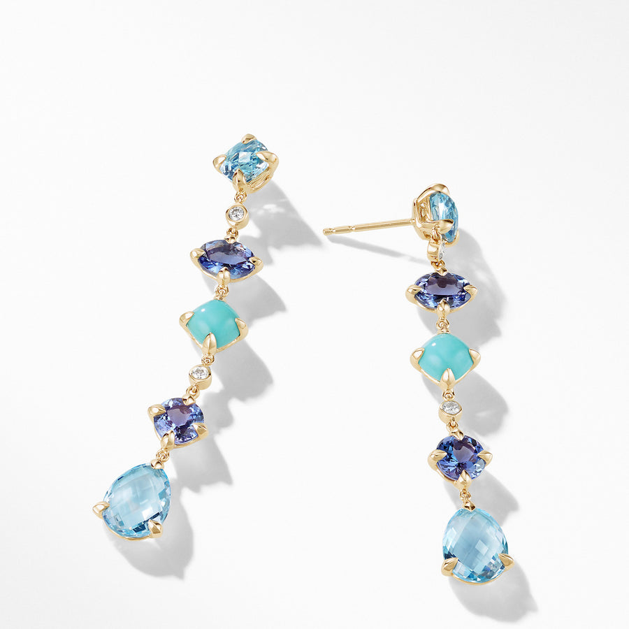 Chatelaine Multi Drop Earrings in 18K Yellow Gold with Blue Topaz, Tanzanite, Turquoise and Diamonds