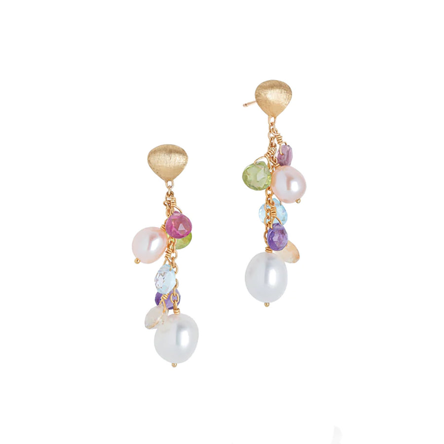 18K Yellow Gold Mixed Gemstone and Pearl Short Drop Earrings