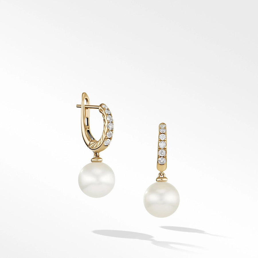 Pearl and Pave Drop Earrings in 18K Yellow Gold with Diamonds