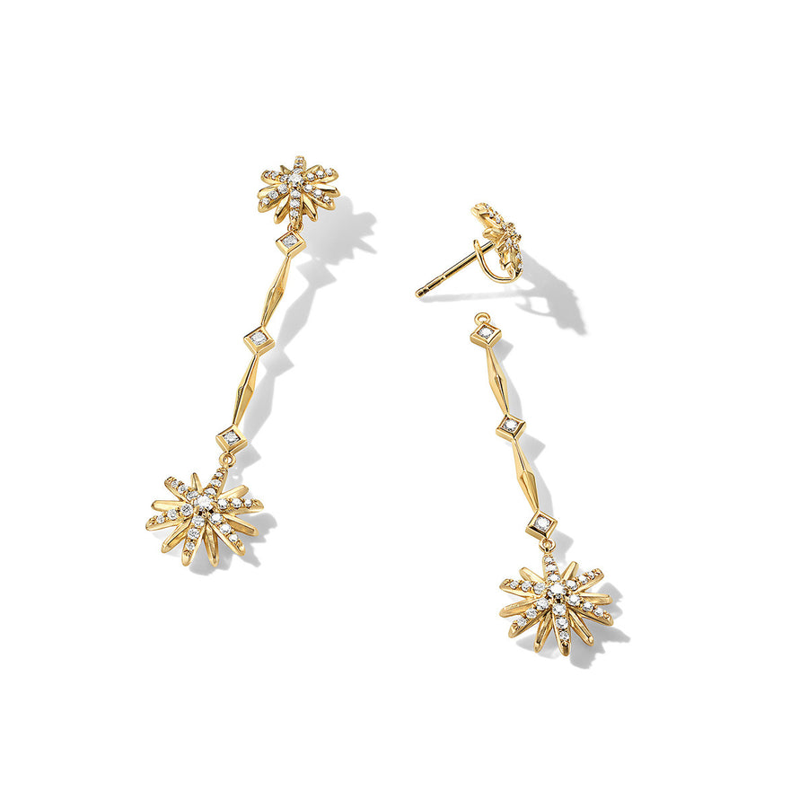 Starburst Stick Drop Earrings in 18K Yellow Gold with Pave Diamonds