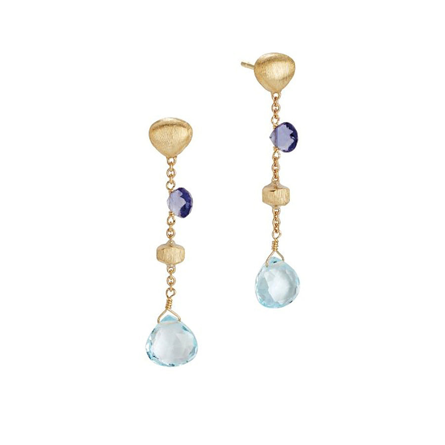 18K Yellow Gold Iolite and Blue Topaz Short Drop Earrings