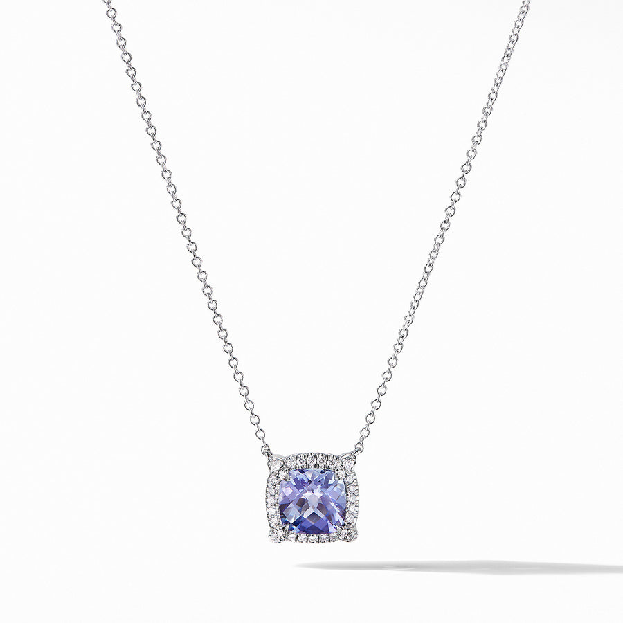 Pave Bezel Pendant Necklace in 18K White Gold with Tanzanite