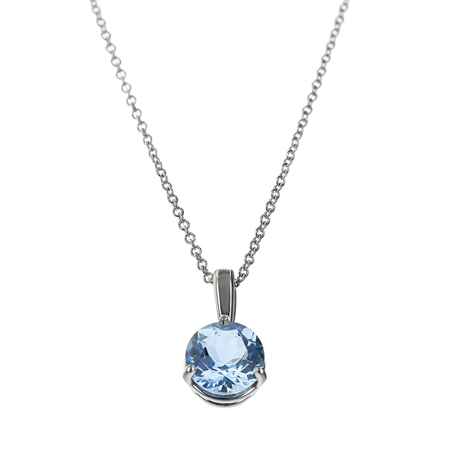 14K White Gold Round Aquamarine Pendant Necklace