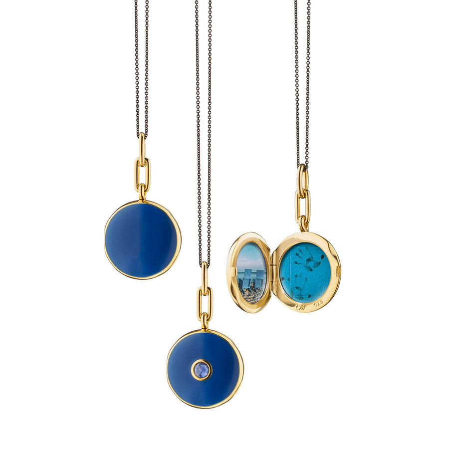 Blue Sapphire and Navy Enamel Vermeil Round Locket in Sterling Silver and 18K Yellow Gold, Adjustable Chain